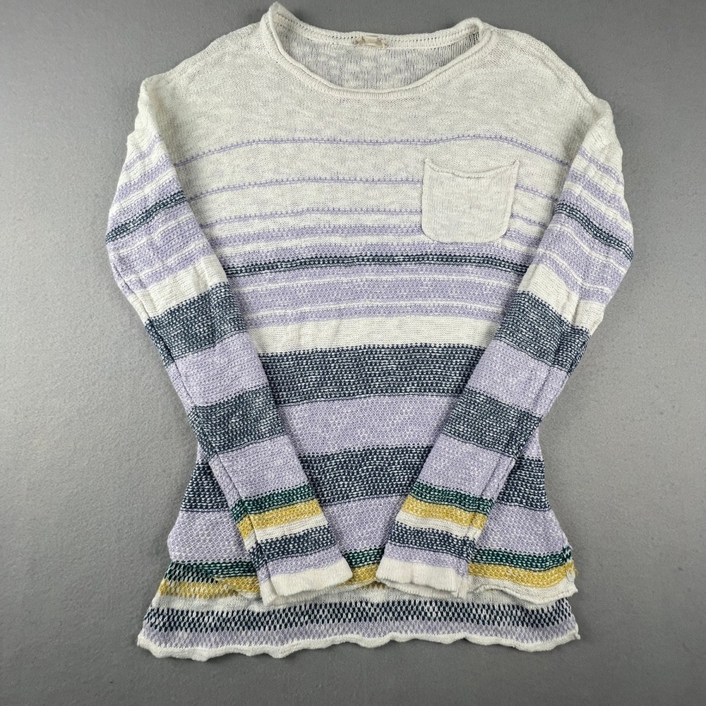 100% Cotton Striped Sweater Womens Small Purple Knit Pocket‎ Boho Coastal